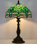 Tiffany Style Stained Glass Table Lamp With Green Dragonfly Shade, 12 Inch Shade And 19 Inch Tall Antique Bronze Reading Lamp, UL Listed