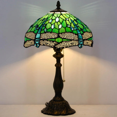 Tiffany Style Stained Glass Table Lamp With Green Dragonfly Shade, 12 Inch Shade And 19 Inch Tall Antique Bronze Reading Lamp, UL Listed