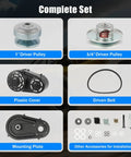 Complete set of Badass 40 Series Torque Converter Kit components including driver pulleys, driven belt, and mounting plate.