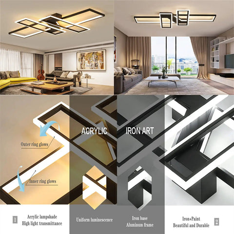 Modern LED Ceiling Light Fixture With Dimmable CloseToCeiling Design Lit Remote Control Flush Mount Geometric Lamp Acrylic and Iron