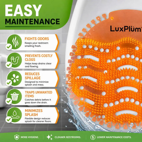 Ten Pack Long Lasting Orange Scent Urinal Screens Deodorizers With Splash Control Tech chart highlighting features