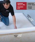 Man laying down No Nonsense Foam Underlayment Roll Quiet Room Padding For Laminate And Engineered Wood Flooring Radiant Heat Ready.