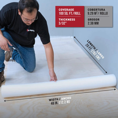 Man laying down No Nonsense Foam Underlayment Roll Quiet Room Padding For Laminate And Engineered Wood Flooring Radiant Heat Ready.