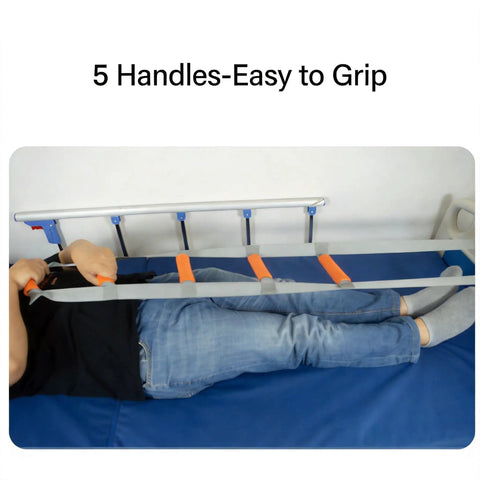 Person demonstrating Bed Rise Strap With 5 Ergonomic Handles, 100kg Capacity, Adjustable 230cm Strap, Easy Install Bed Mobility Aid.