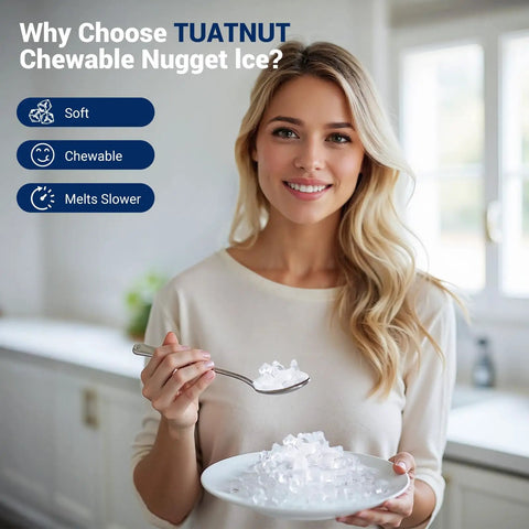 Woman using Party Ready Nugget Ice Maker For Countertop With 44 Lbs Per Day And 5 Minute Ice Ready Soft Pellet Ice On Demand Self Cleaning