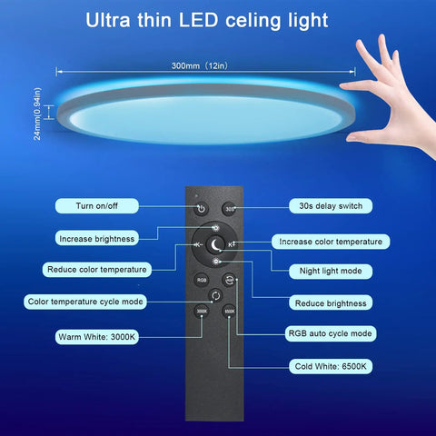Flush Mount LED Ceiling Light With Remote Control, 12 Inch Ultra Thin Round 25W RGB Color Changing Fixture, remote buttons shown