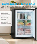 Compact 3.0 Cubic Foot Upright Freezer With Seven Adjustable Temperature Controls And A Sleek Silver Design that shows frozen food and drinks.