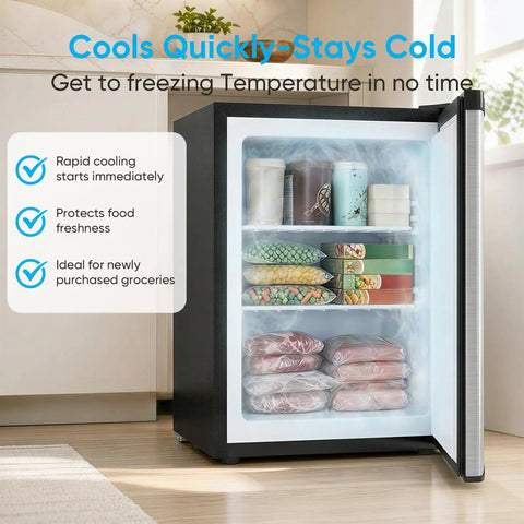 Compact 3.0 Cubic Foot Upright Freezer With Seven Adjustable Temperature Controls And A Sleek Silver Design that shows frozen food and drinks.