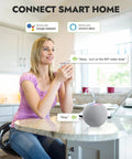 Woman using voice control for WiFi Water Timer For Garden Hose, Smart Hose Timer With App And Voice Control, Weather Based Rain Delay