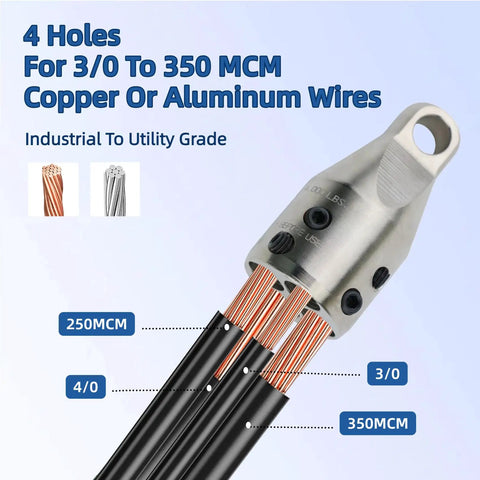 Heavy Duty Penguin Wire Pulling Grip For Electrical Cable Installation showing 4 holes for 3/0 to 350 MCM copper or aluminum wires.