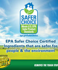 Image showing Safer Choice certification promoting environmentally friendly ingredients by Krud Kutter, with a landscape background.