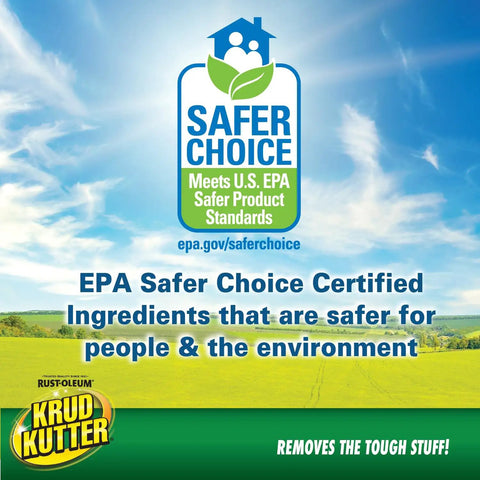 Image showing Safer Choice certification promoting environmentally friendly ingredients by Krud Kutter, with a landscape background.
