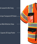 Boss Level High Visibility Reflective Safety Vest For Men And Women Featuring Long Sleeves And Storage Pockets Meets Ansi Class 3 Standards In Bright Orange with detailed pockets and lanyard.