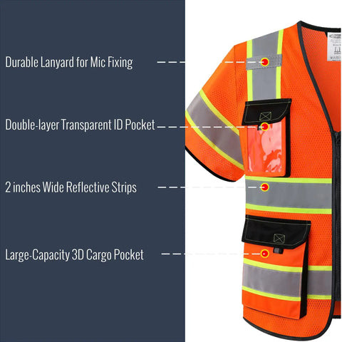 Boss Level High Visibility Reflective Safety Vest For Men And Women Featuring Long Sleeves And Storage Pockets Meets Ansi Class 3 Standards In Bright Orange with detailed pockets and lanyard.