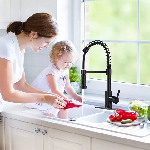 Slick Black Kitchen Faucet With Pull Down Sprayer 22 Inch Extendable Reach Lead Free Modern Commercial Spring Pull Out Sink Faucet For Busy Kitchens Easy To Clean Durable High Arc Design And Smooth Operation