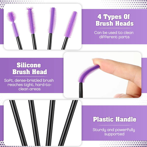RimCereal 20-piece silicone sewing machine cleaning brush set with black handles and purple bristles, showing 4 head types.