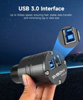 Close-up of 2MP IMX662 Telescope Camera With USB 3.0 High Speed Transfer, showing USB port and night sky backdrop.