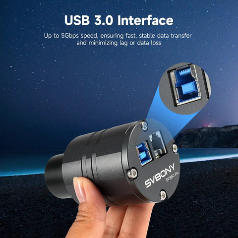 Close-up of 2MP IMX662 Telescope Camera With USB 3.0 High Speed Transfer, showing USB port and night sky backdrop.