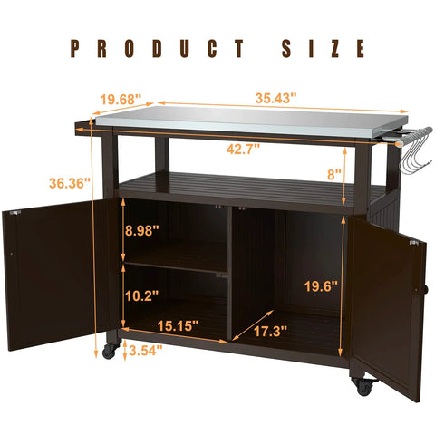 Dimensions of Outdoor Wood Grill Prep Table With Stainless Steel Top Waterproof Cover Dark Brown Finish Solid Wood Construction