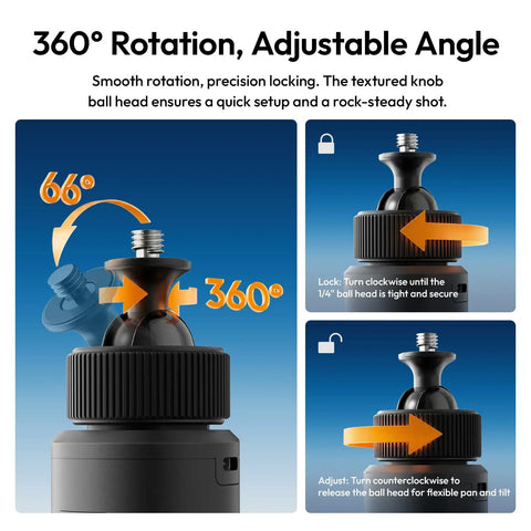 Close-up of 360° rotation feature on 10000mAh Battery Grip For Cameras With Hidden 360 Degree Tripod Base, showing adjustment mechanism.