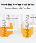 Food Grade Plastic Measuring Pitcher 32 Oz Four Cup With Handle For Liquid Mixing Oils Pool and Lawn Chemicals Dilution Soap Brewing and Kitchen or Commercial Use Clear Durable Pro Grade for Tough Jobs, shown in multi-size professional series with liquid.