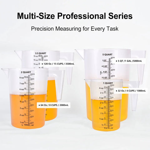 Food Grade Plastic Measuring Pitcher 32 Oz Four Cup With Handle For Liquid Mixing Oils Pool and Lawn Chemicals Dilution Soap Brewing and Kitchen or Commercial Use Clear Durable Pro Grade for Tough Jobs, shown in multi-size professional series with liquid.