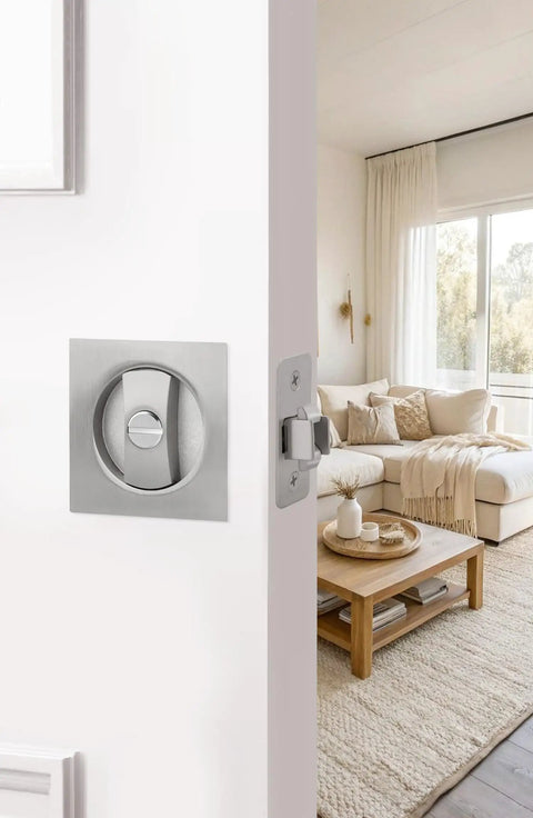 Brushed Nickel Pocket Door Lock Set For Two One Eighth Inch Bore installed on pocket door, visible in modern living room setting
