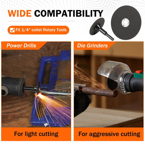 2 Inch Die Grinder Cut Off Wheel Set with 3/8 Inch Center Hole used on rotary tools and drills for cutting metal.