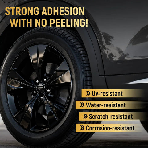 Black car wheel showing gloss restored with Wheel Touch Up Paint Kit For Black Rims And Scratches 1.5 Fl Oz Universal Enamel Repair Pen