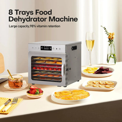 No Fuss Stainless Steel Food Dehydrator For Pulling Perfect Jerky Fruits Veggies Herbs 8 Roomy Trays in kitchen setting.