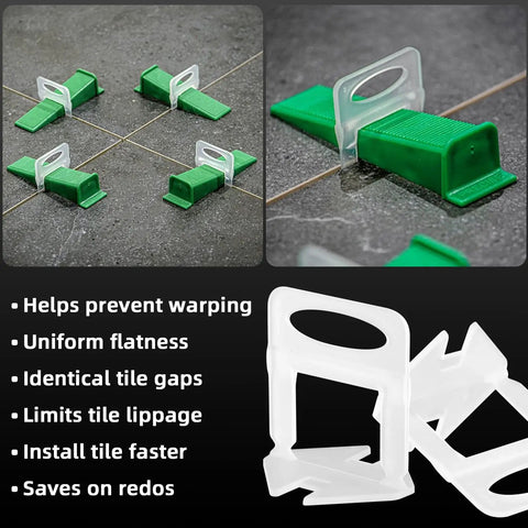 One Sixteenth Inch Tile Leveling Clips Kit with 2000 pieces shown on tile to prevent lippage in DIY home renovations