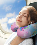 U Shaped Neck Pillow For Travel And Napping Super Lightweight Comfy Reusable Multi Functional Pillow with unicorn design in use on airplane