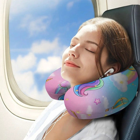 U Shaped Neck Pillow For Travel And Napping Super Lightweight Comfy Reusable Multi Functional Pillow with unicorn design in use on airplane