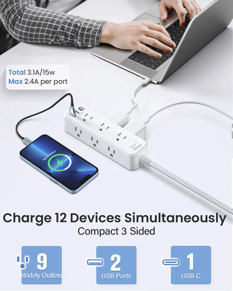 Power Strip Surge Protector With Nine Outlets Two USB Ports And One USB C Three Sided Braided Four And A Half Foot Extension Cord Flat Plug Wall Mount Extender Must Have For Home And Office Desktop Charging Station