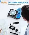 Scientist using a Digital Lab Scale 600g Capacity With 0.01g Readability, LCD Display, Analytical Balance For Jewelry And Science