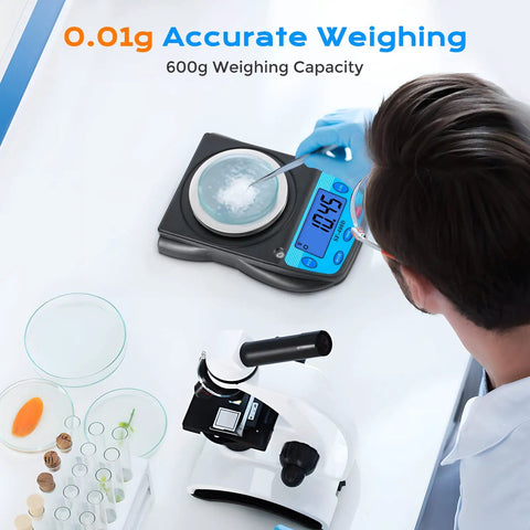 Scientist using a Digital Lab Scale 600g Capacity With 0.01g Readability, LCD Display, Analytical Balance For Jewelry And Science