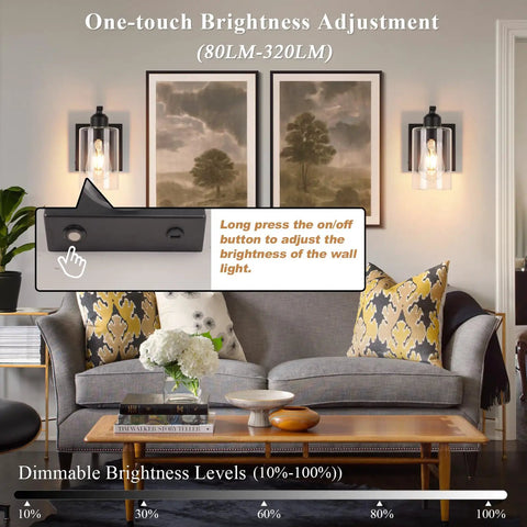 Set Of Two 8 Inch Battery Wall Sconces With Clear Glass, Farmhouse Indoor Lighting, 4000k Neutral White, Rechargeable Remote Dimmable Fixtures, All Day Glow And Zero Wiring Hustle For Bathroom Or Bedroom with dimmable brightness adjustment feature in a cozy living room.