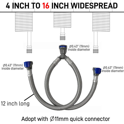 Diagram of 12 Inch Quick Connect Faucet Water Supply Lines for Widespread Bathroom Sinks with 11mm connector.