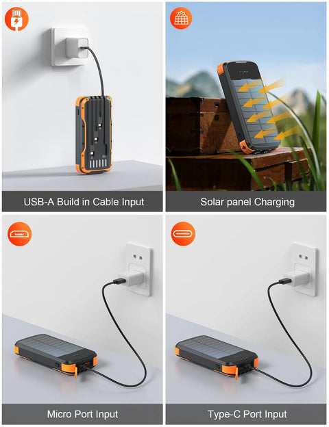Solar Charger Power Bank 40000mAh With PD 20W Fast Charging Built In 4 Cables Dual Bright Flashlights IP67 Waterproof