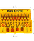 No Fuss Lockout Tagout Station And Group Safety Kit Featuring Osha Compliant Pads Hasps Tags And Hooks Job Site Ready Hanging Board with locks and tags.