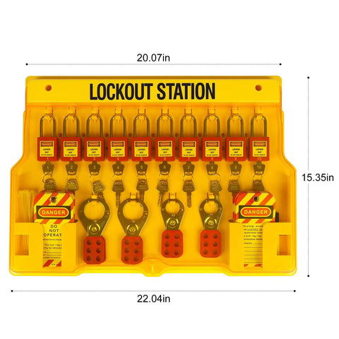No Fuss Lockout Tagout Station And Group Safety Kit Featuring Osha Compliant Pads Hasps Tags And Hooks Job Site Ready Hanging Board with locks and tags.
