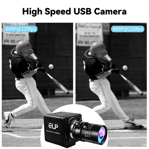 Global Shutter USB Camera Monochrome High Speed Imaging 1280x800 at 120fps Plus 210fps 5-50mm CS Lens with baseball player sequence