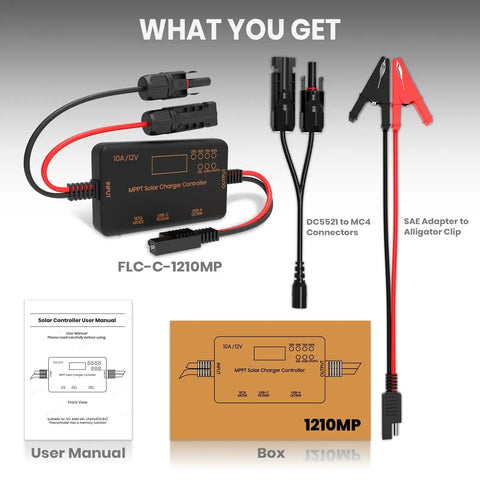 10 Amp 12 Volt MPPT Solar Charge Controller With LCD Display And USB C PD 36W Plus USB A QC 18W with cables and box