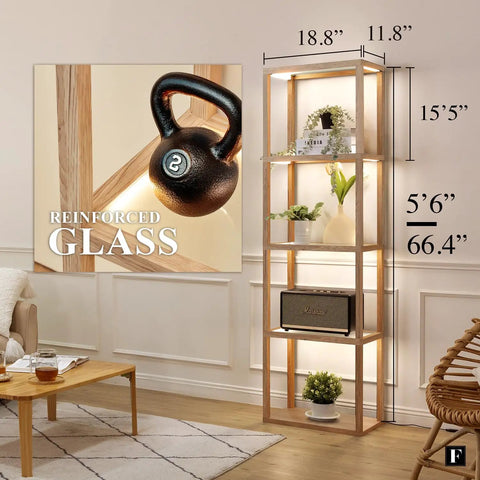 LED Display Shelf With Dimmable Lighting For Collectibles, App And Remote Control, 66 Inch Glass Shelf Floor Lamp