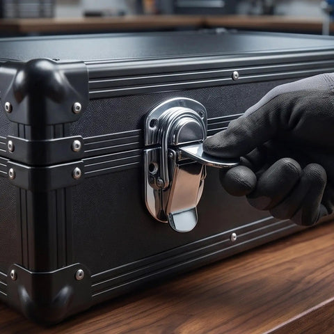 Hand gripping a chrome latch on a black tool chest, showcasing 5pc Heavy Duty Duckbill Toggle Latches Secure Metal Hasp Clamps.
