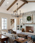 Six Light Black Farmhouse Chandelier With Candlestick Arms For Dining Room, Living Room, Foyer And Kitchen, Modern Yet Dope Iron Fixture