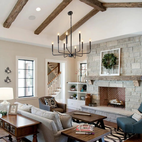 Six Light Black Farmhouse Chandelier With Candlestick Arms For Dining Room, Living Room, Foyer And Kitchen, Modern Yet Dope Iron Fixture
