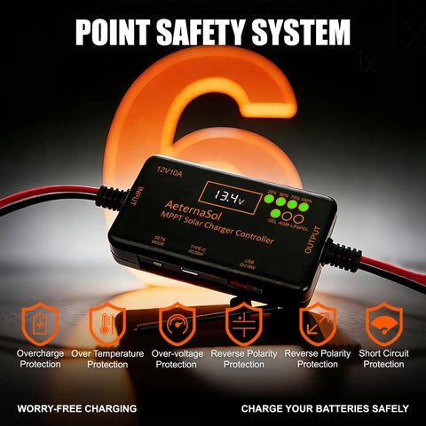 12V 10A MPPT Solar Charge Controller With PD 36W USB C And QC 18W Output For LiFePO4 AGM And Gel Batteries, LED display, safety features