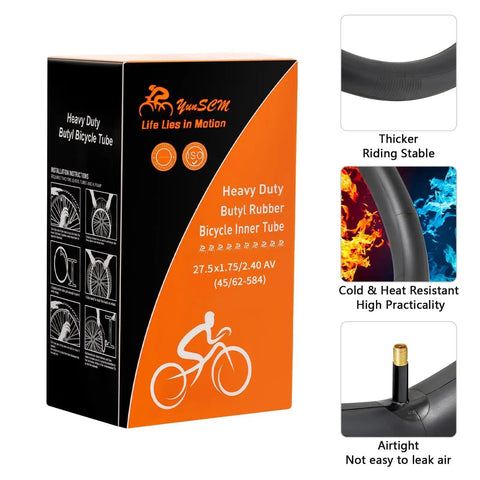 Box and features of 2-Pack 27.5 Inch Heavy Duty Bike Tubes 27.5x1.75 to 2.40 AV Schrader Valve 32mm 45 62 584 Inner Tubes