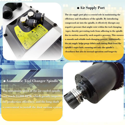 ATC Auto Tool Change Air Cooled Spindle Motor Kit, 9KW/12HP CNC Mill Spindle details with air supply port and tool changer